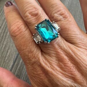 Blue Topaz and Rhinestone Accented Silver Ring